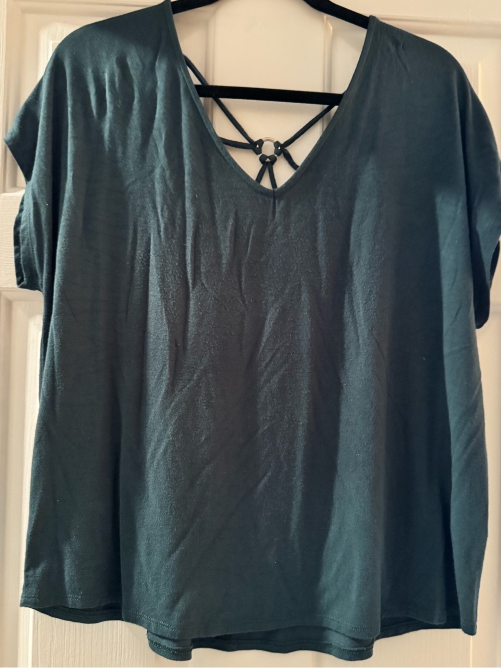 Casual V-Neck Short Sleeve Top with Strappy Ring Back - Teal